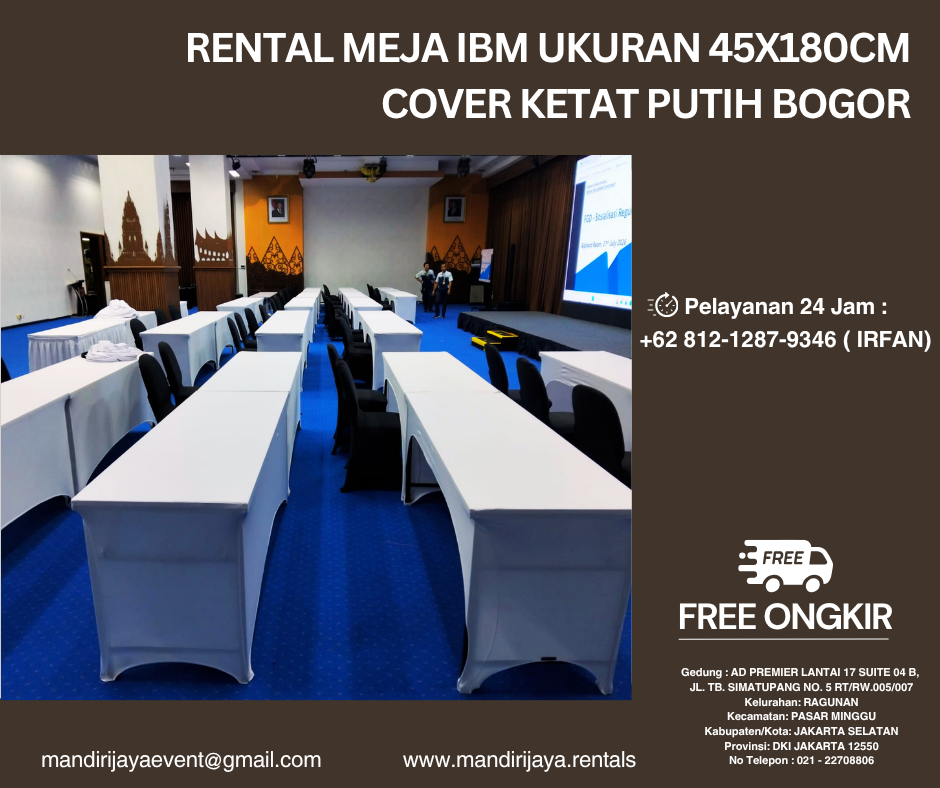 Rental Meja Ibm Ukuran 45x180cm Cover Ketat Putih Bogor