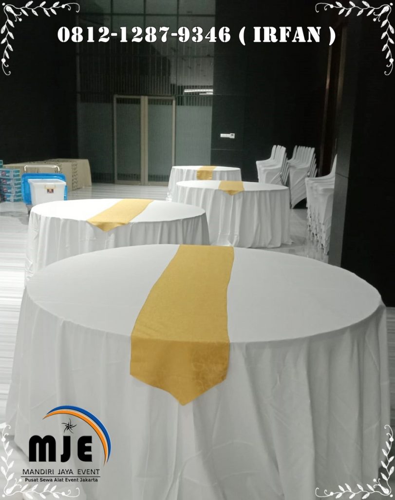 Rental Round Table Cover Tebar Topping Gold Jakarta