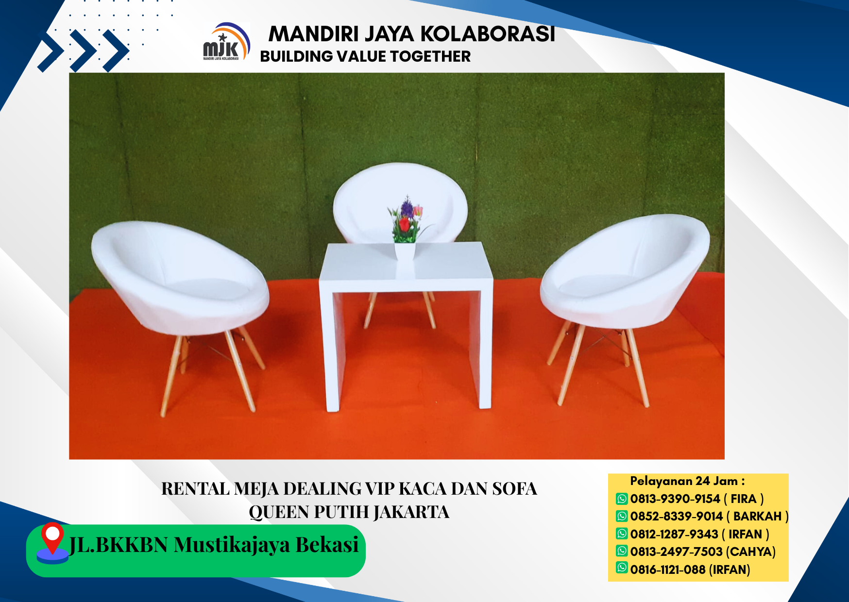 Rental Meja Dealing VIP Kaca Dan Sofa Queen Putih Jakarta