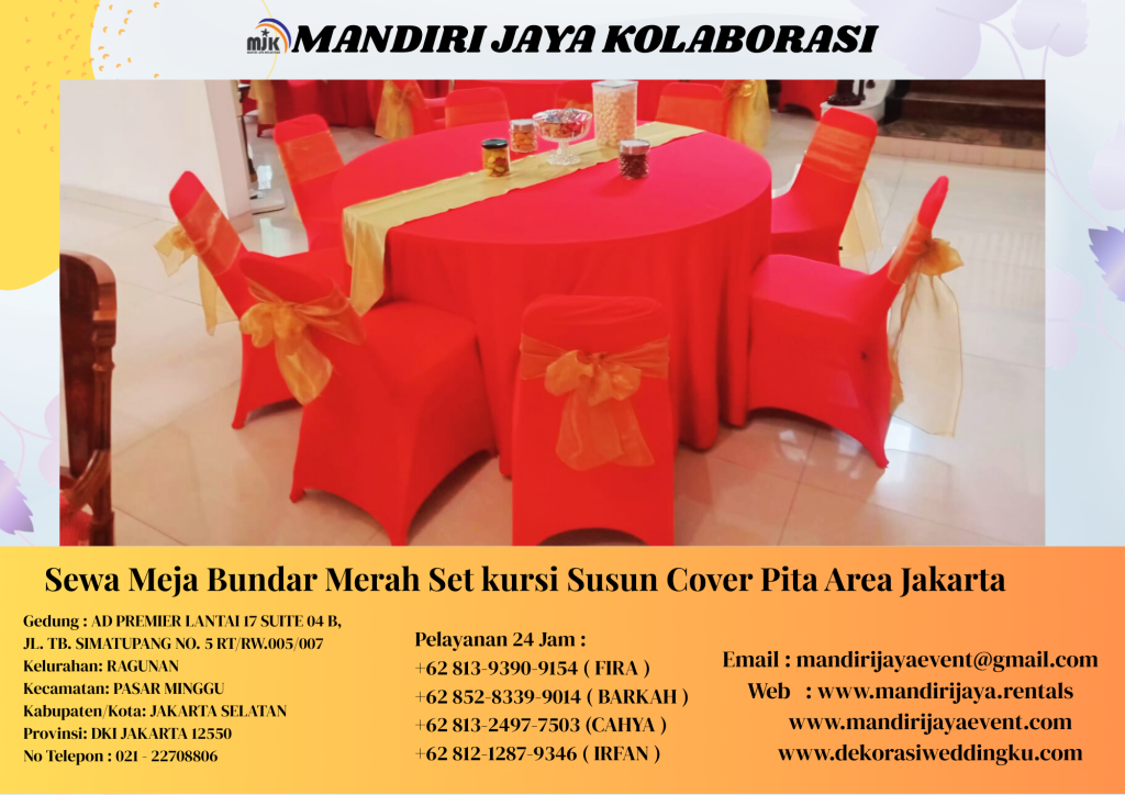Sewa Meja Bundar Merah Set kursi Susun Cover Pita Area Jakarta