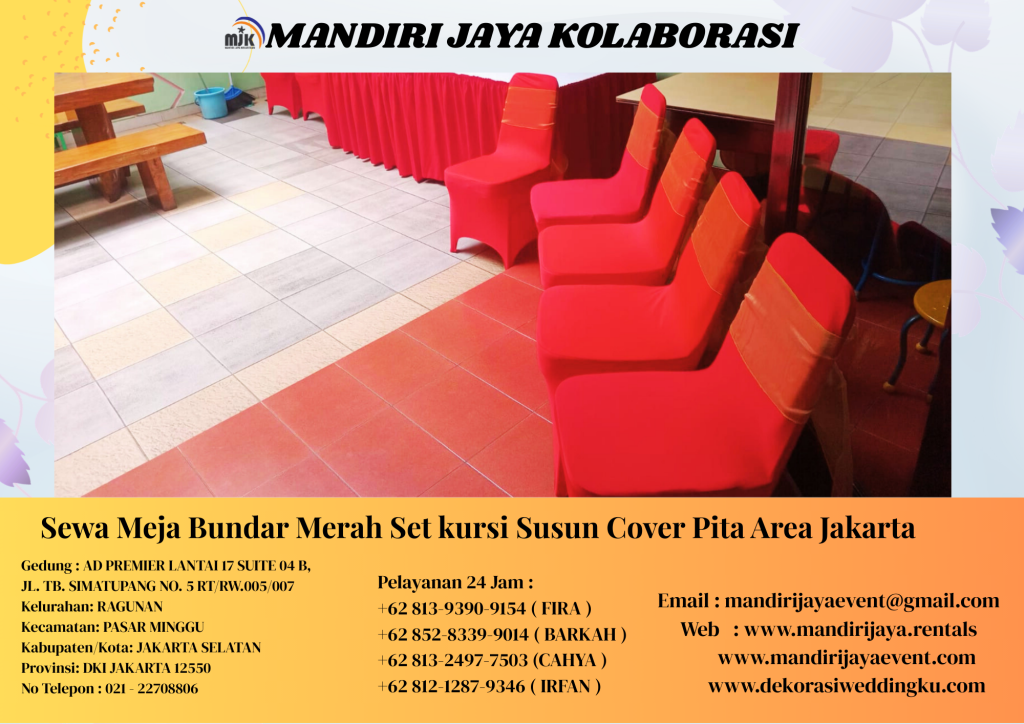 Sewa Meja Bundar Merah Set kursi Susun Cover Pita Area Jakarta