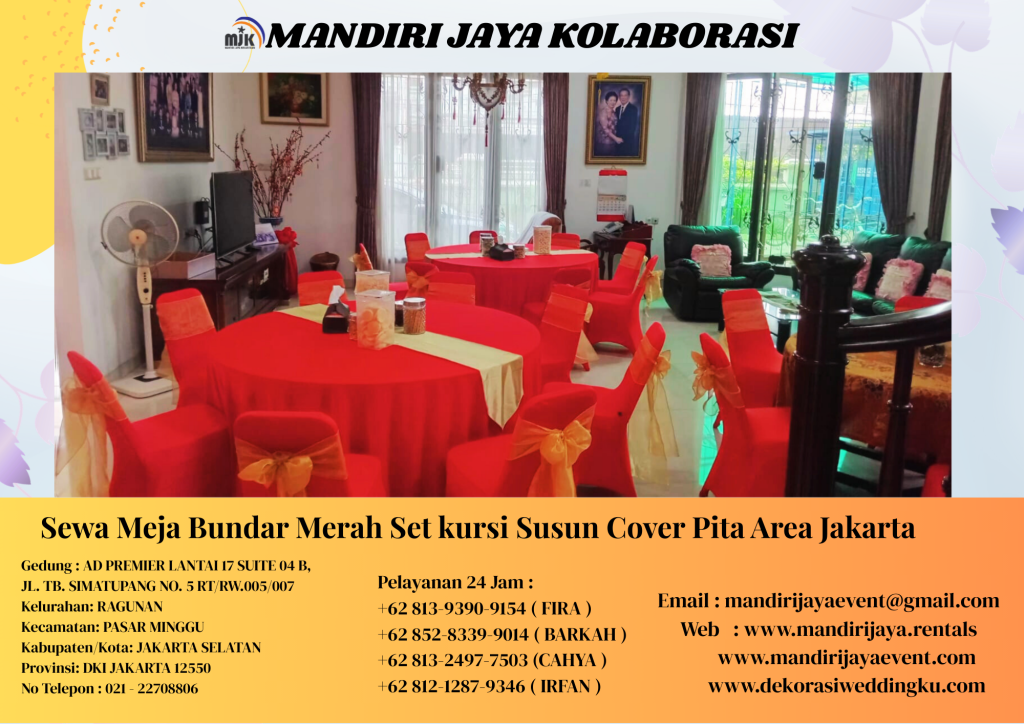 Sewa Meja Bundar Merah Set kursi Susun Cover Pita Area Jakarta