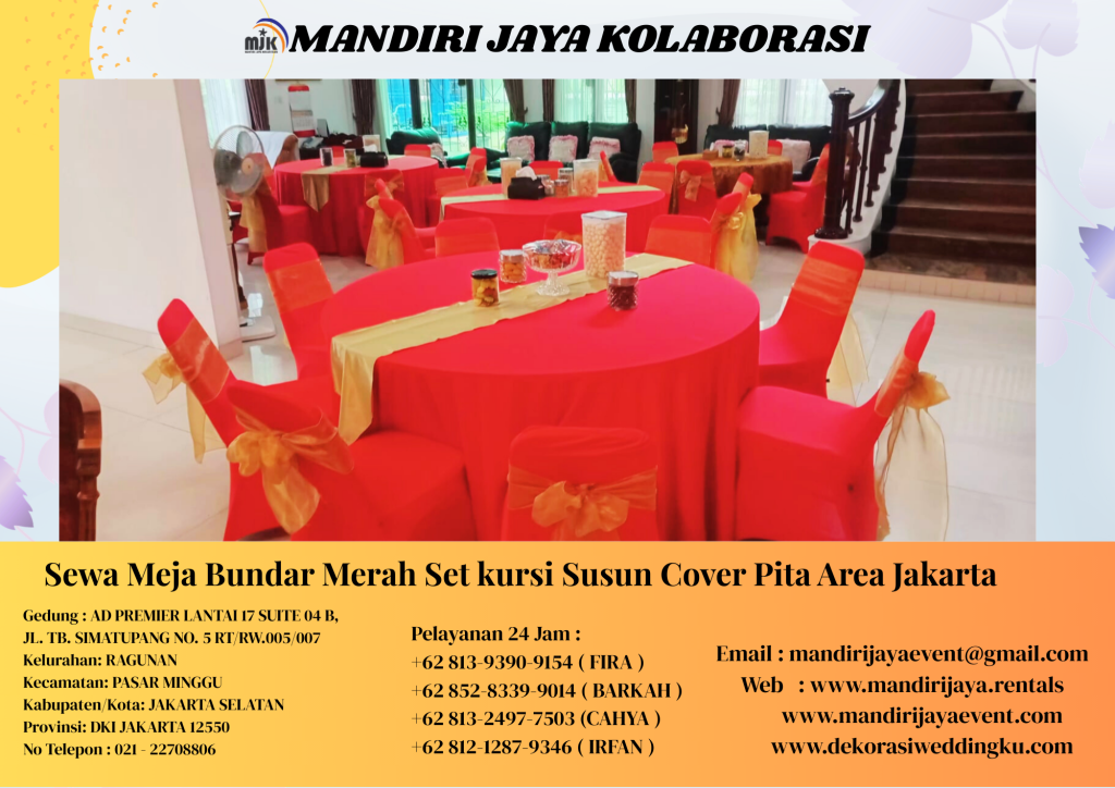 Sewa Meja Bundar Merah Set kursi Susun Cover Pita Area Jakarta