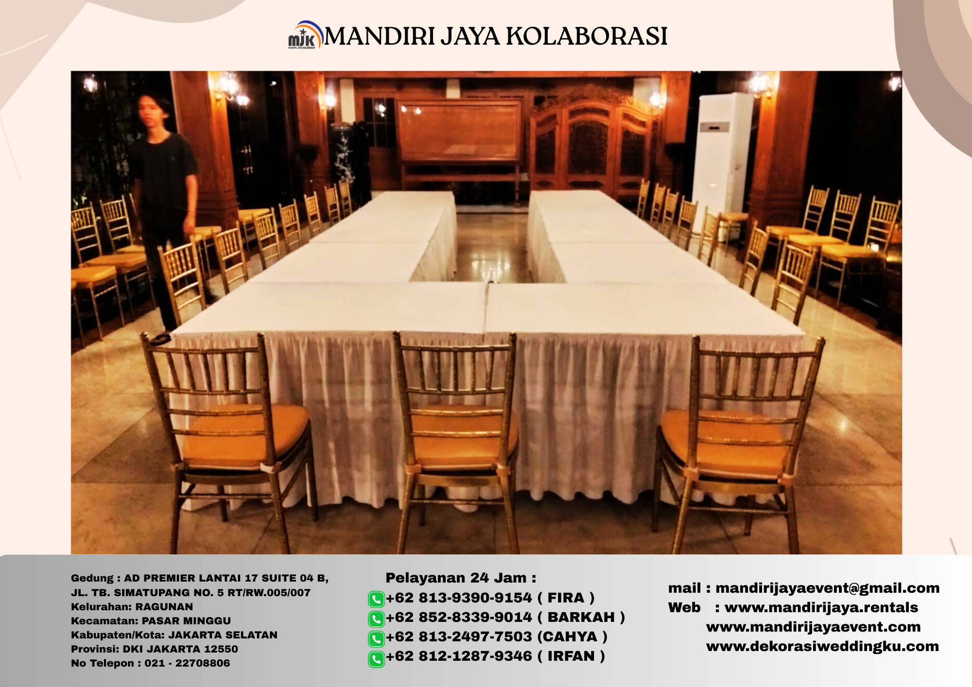 Sewa Meja Kotak, Kursi TTiffany,Kursi Susun Area Jakarta