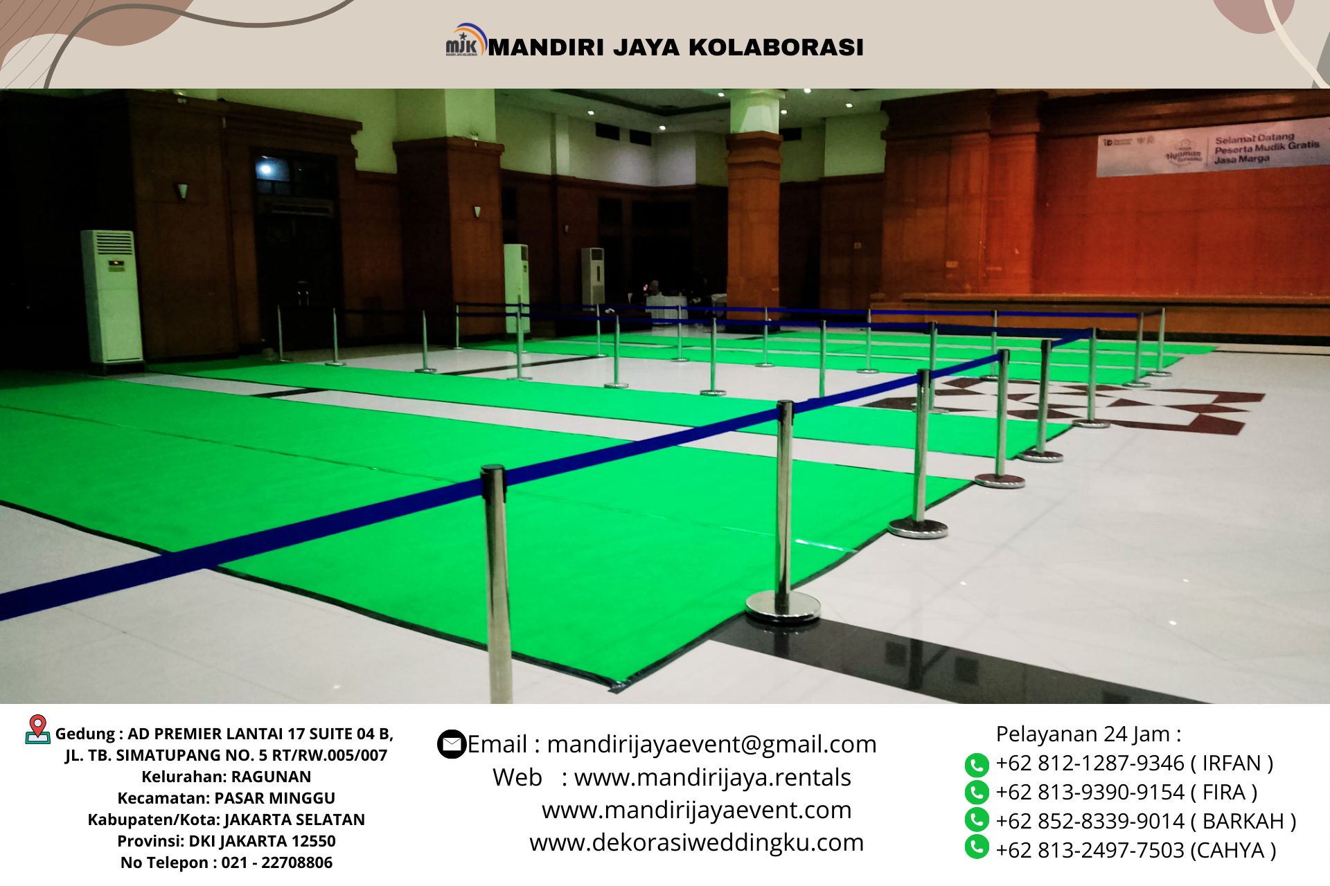 SEWA KARPET HIJAU TIANG ANTRIAN BIRU SIAP SETTING AREA BEKASI