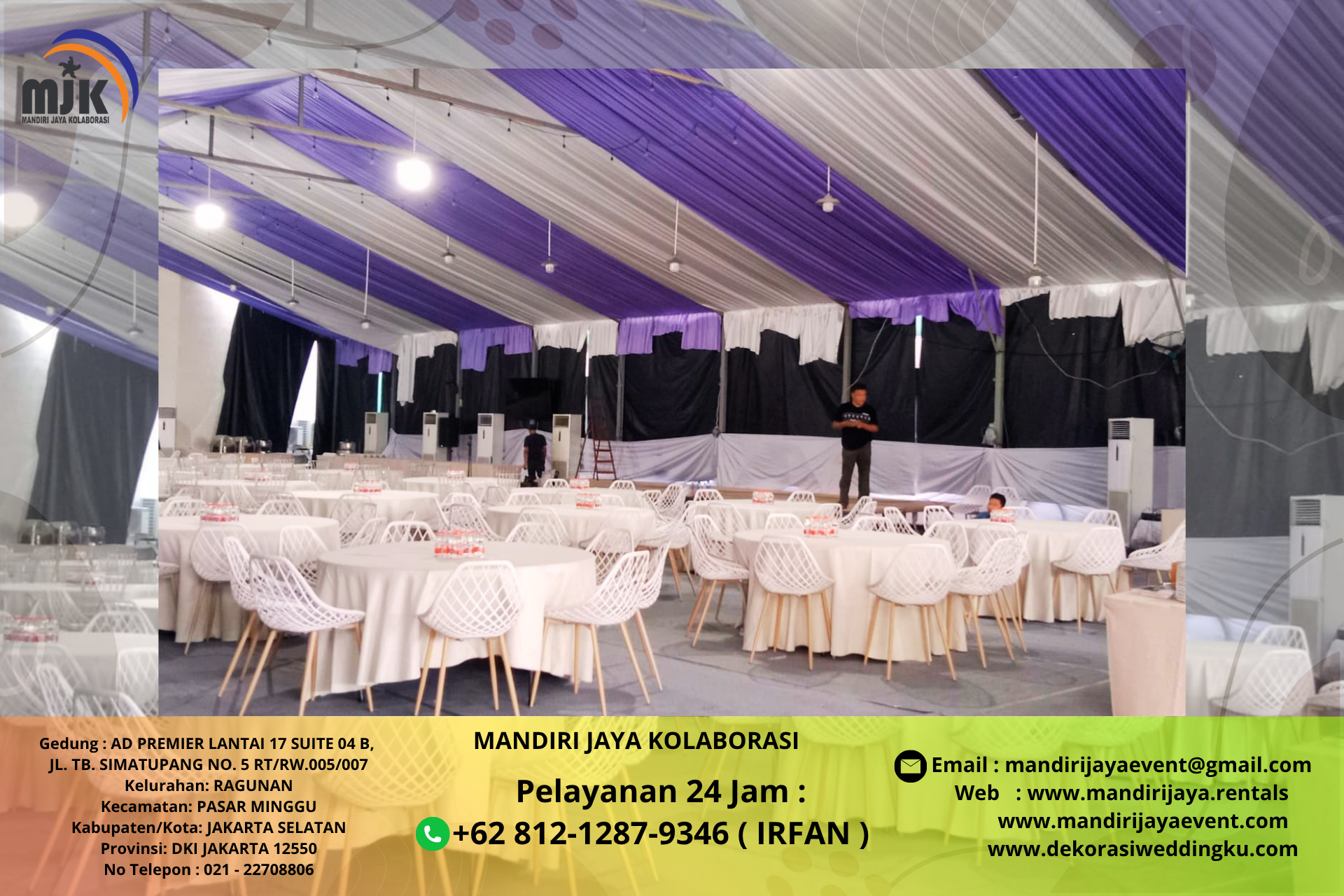 SEWA TENDA DEKOR SERUT KAIN UNGU PUTIH JAKARTA