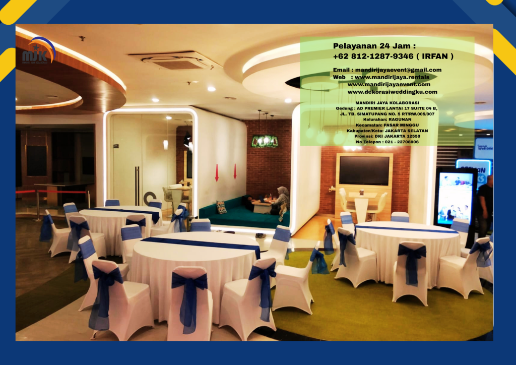 Sewa Meja Bulat D160, Kursi Susun Cover Putih Pita Biru Area Jakarta
