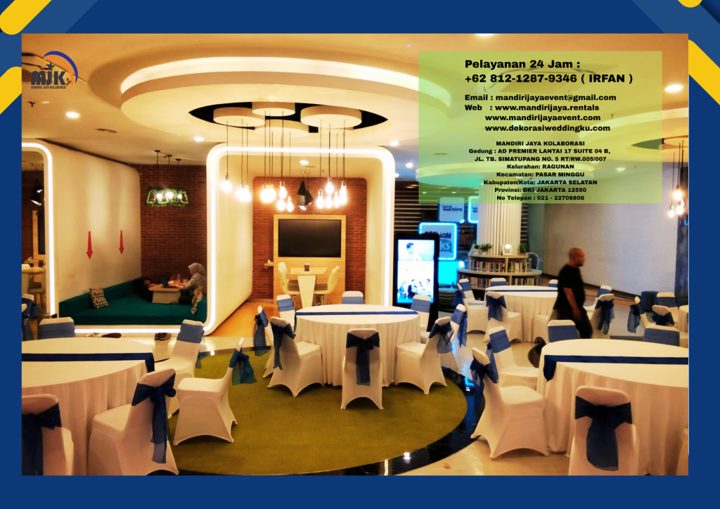 Sewa Meja Bulat D160, Kursi Susun Cover Putih Pita Biru Area Jakarta