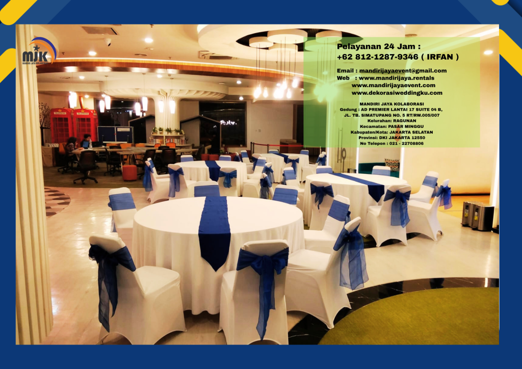Sewa Meja Bulat D160, Kursi Susun Cover Putih Pita Biru Area Jakarta