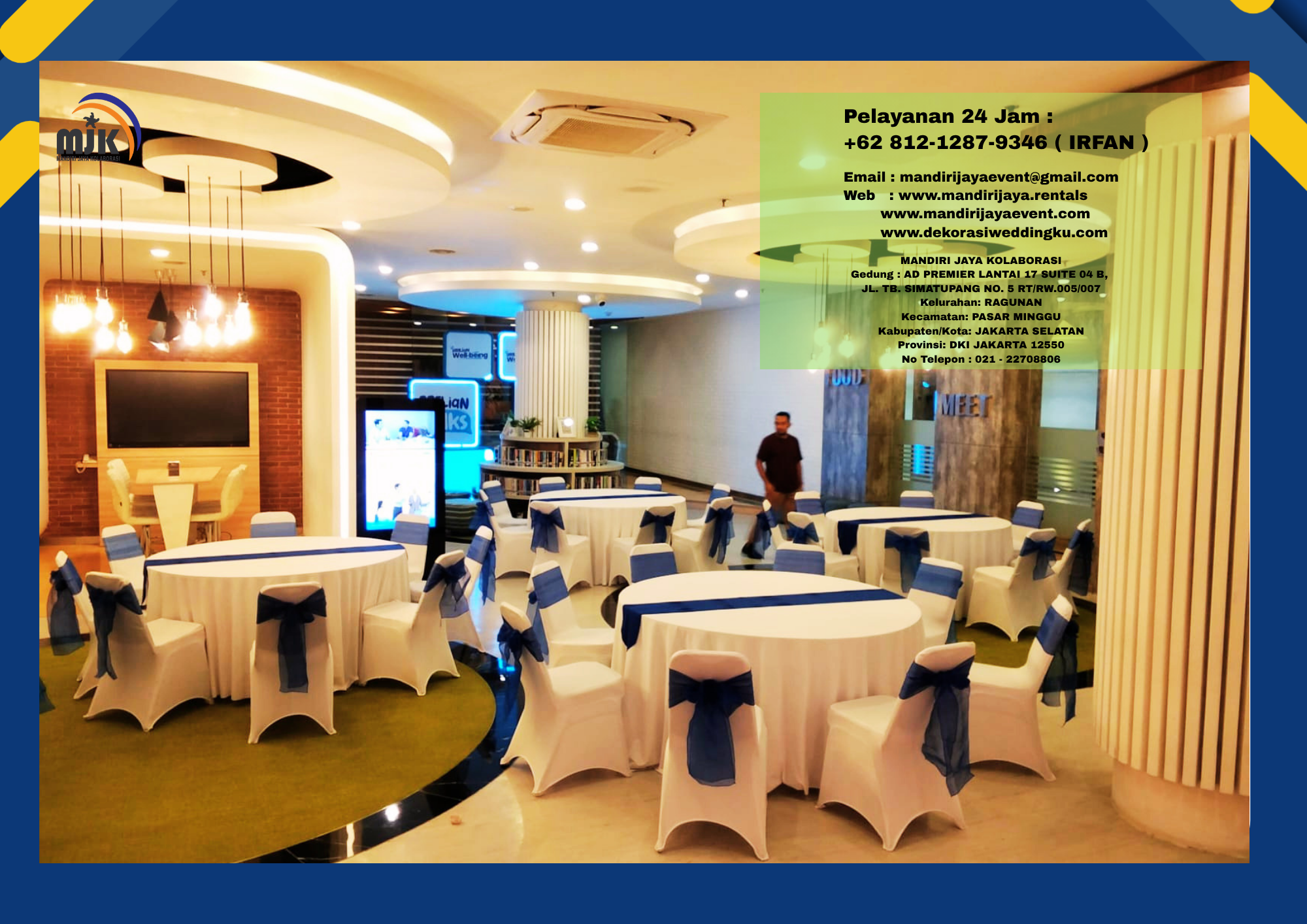 Sewa Meja Bulat D160, Kursi Susun Cover Putih Pita Biru Area Jakarta