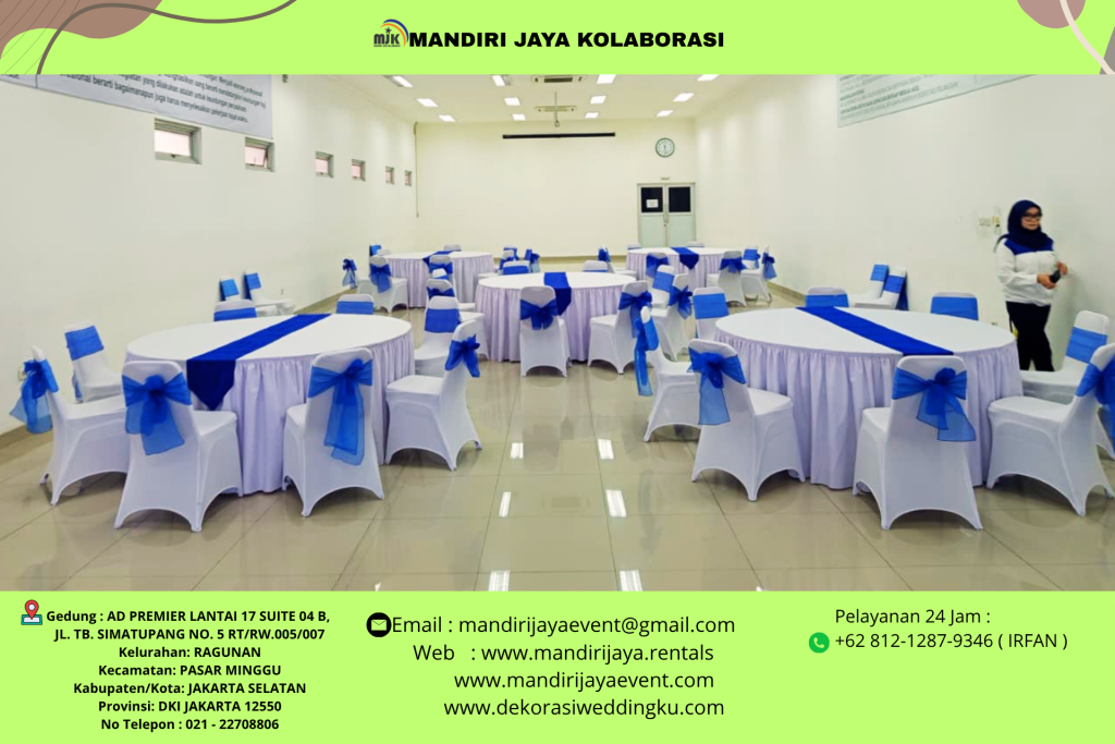 Sewa Meja Bulat Kursi Futura Putih Pita Biru Jakarta Utara