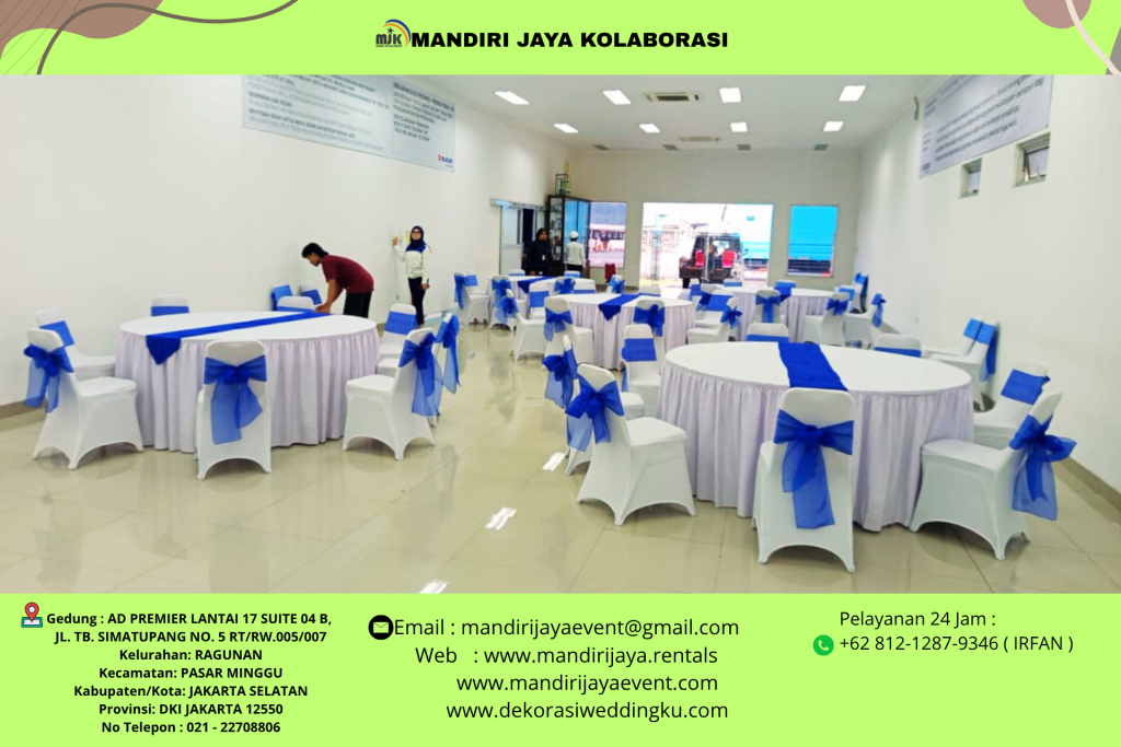 Sewa Meja Bulat Kursi Futura Putih Pita Biru Jakarta Utara