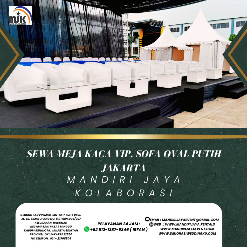 Sewa Meja Kaca VIP, Sofa Oval Putih Jakarta