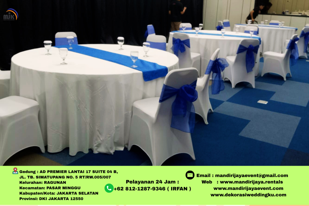 Sewa Round Table Cover Skirting Putih Pita Biru Area Bsd
