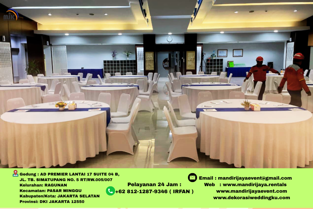 Sewa Round Table Cover Skirting Putih Pita Biru Area Bsd