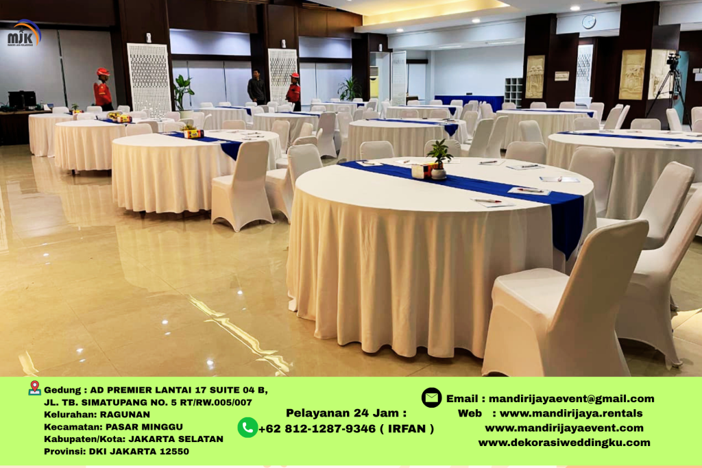 Sewa Round Table Cover Skirting Putih Pita Biru Area Bsd