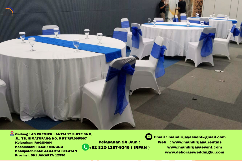 Sewa Round Table Cover Skirting Putih Pita Biru Area Bsd