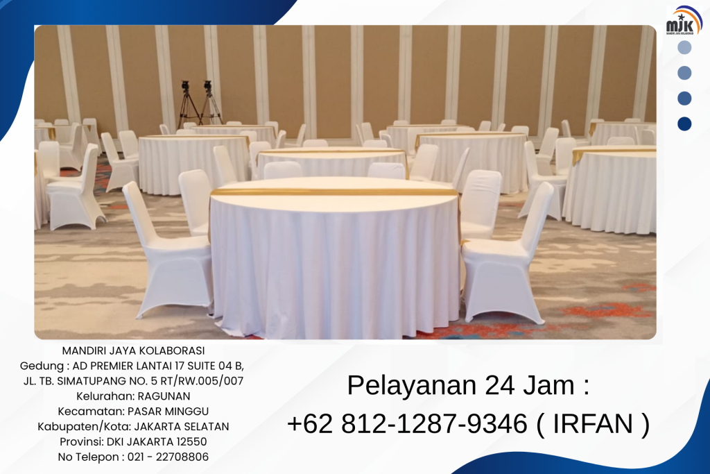 Sewa Meja Bulat Cover Skirting Putih Pita Gold,Kursi Di Jakarta Timur