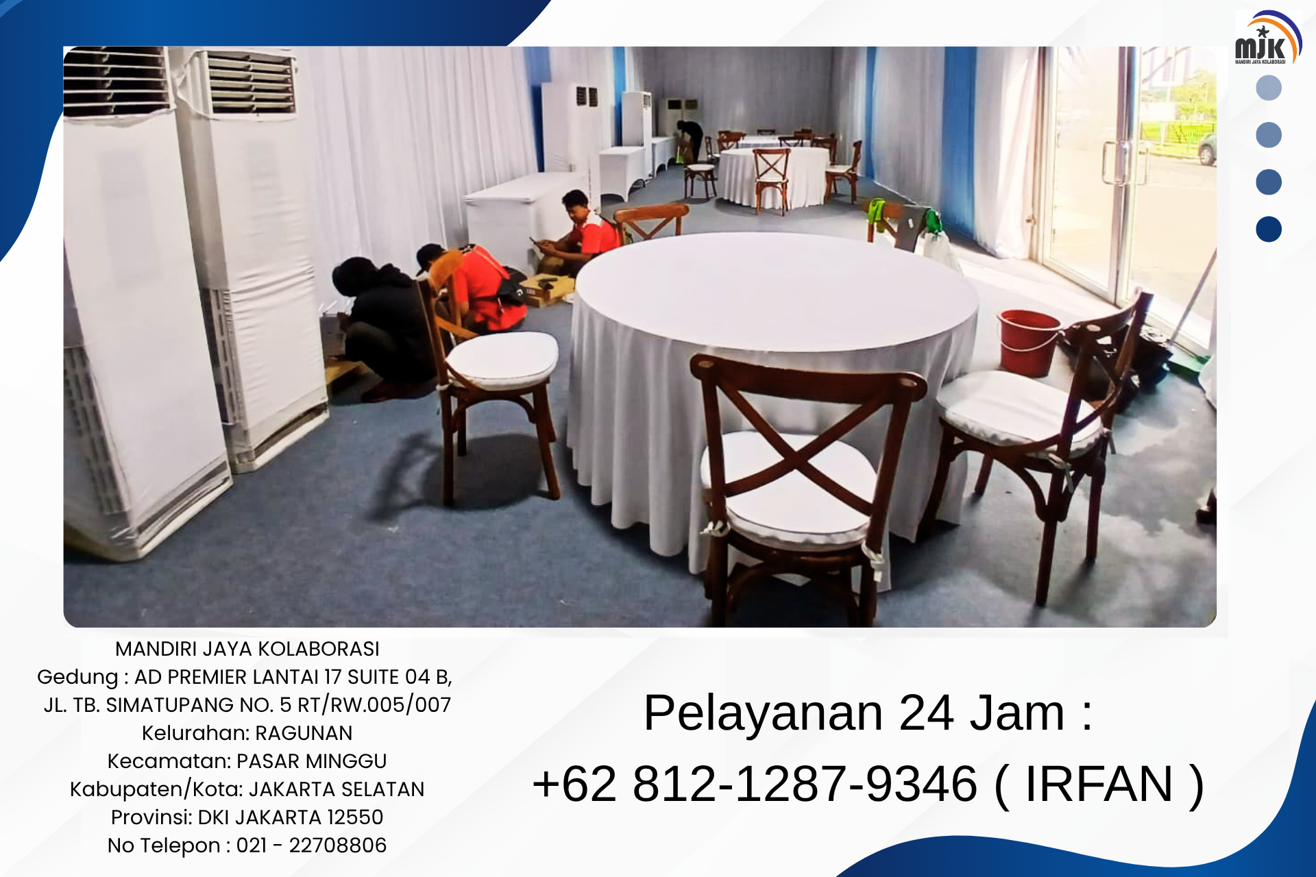 Sewa Meja Bundar kursi Crossback Bantalan Putih Area Jakarta Selatan