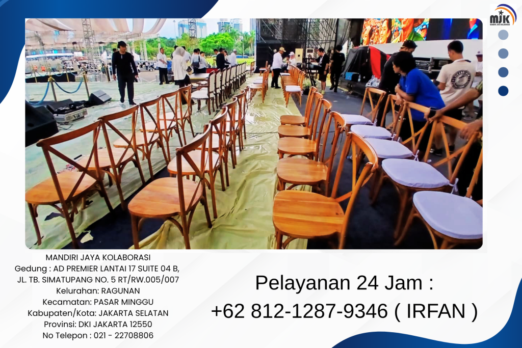 Sewa Meja Bundar kursi Crossback Bantalan Putih Area Jakarta Selatan