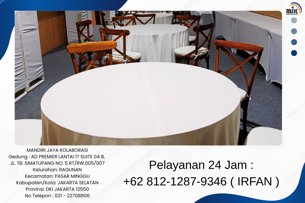 Sewa Meja Bundar kursi Crossback Bantalan Putih Area Jakarta Selatan