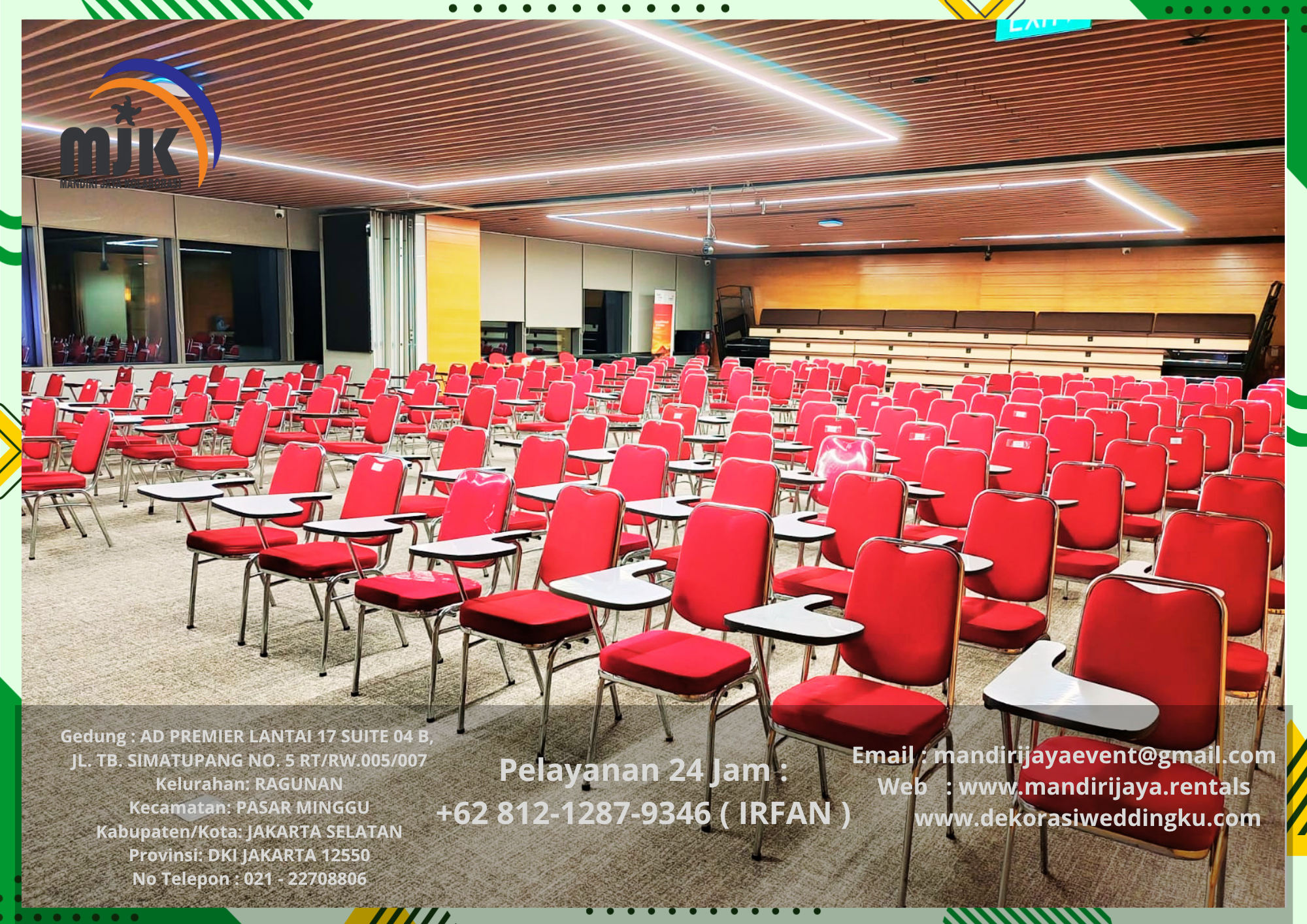 Sewa KURSI KULIAH MERAH,SOFA,MEJA KACA VIP PUTIH Area Jakarta