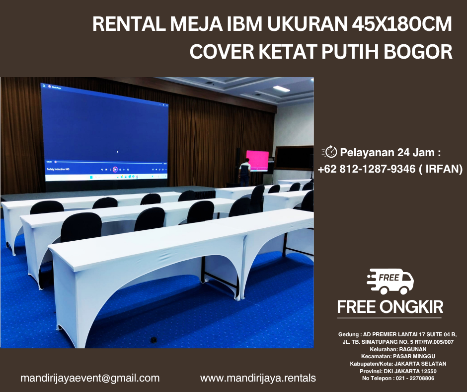 Rental Meja Ibm Ukuran 45x180cm Cover Ketat Putih Bogor