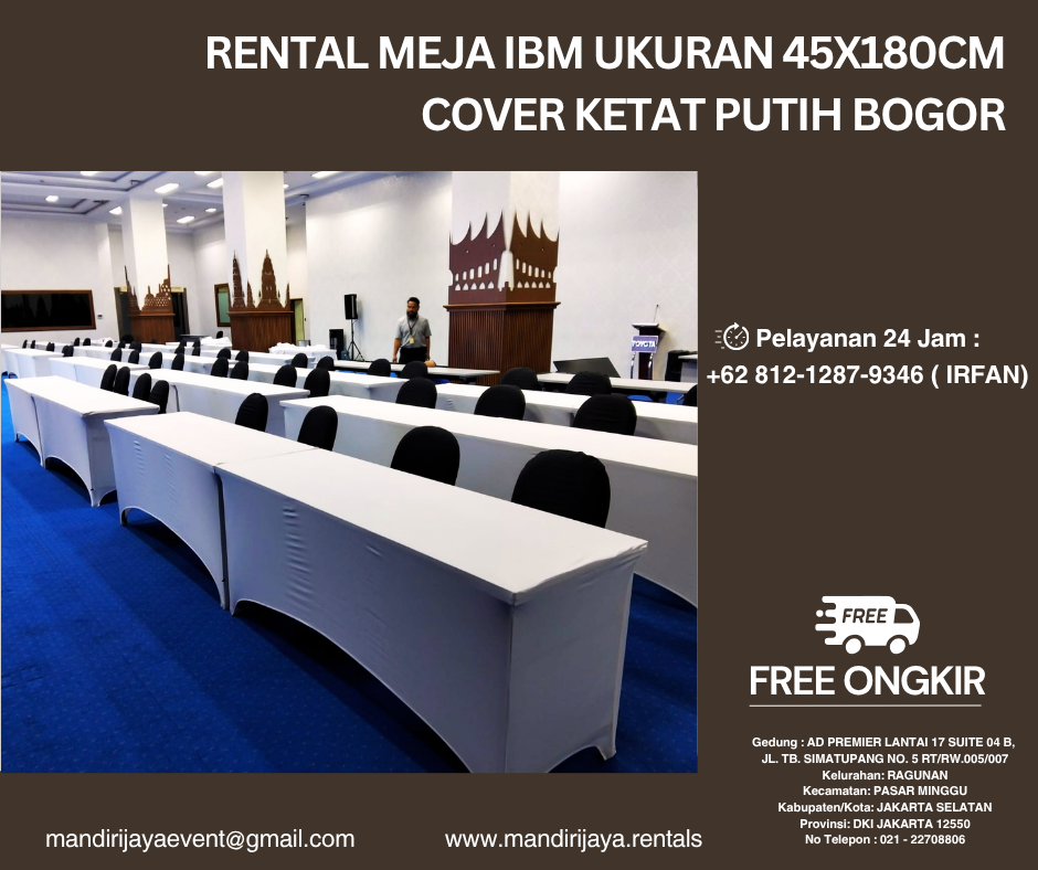 Rental Meja Ibm Ukuran 45x180cm Cover Ketat Putih Bogor