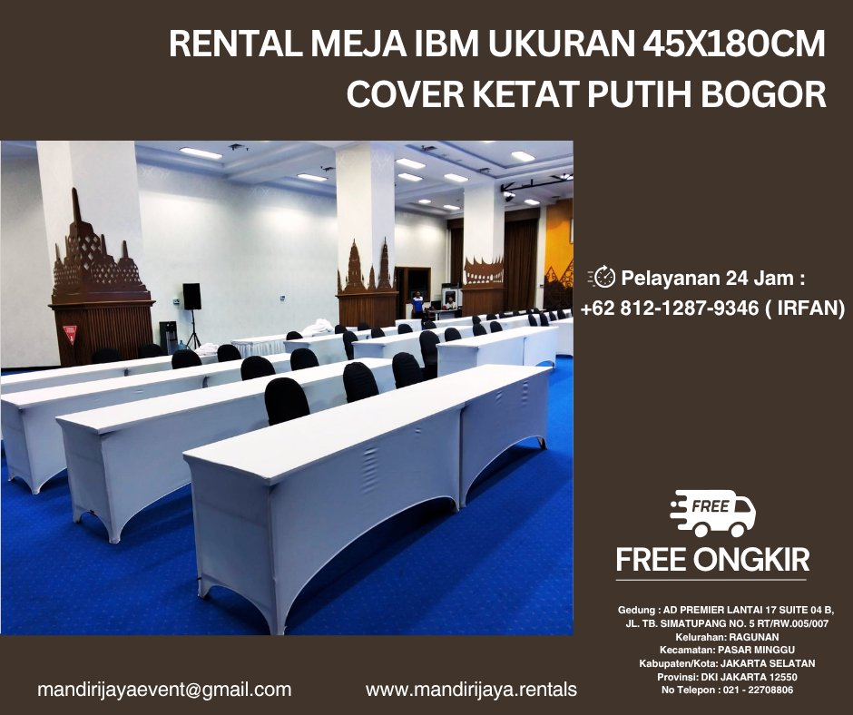 Rental Meja Ibm Ukuran 45x180cm Cover Ketat Putih Bogor