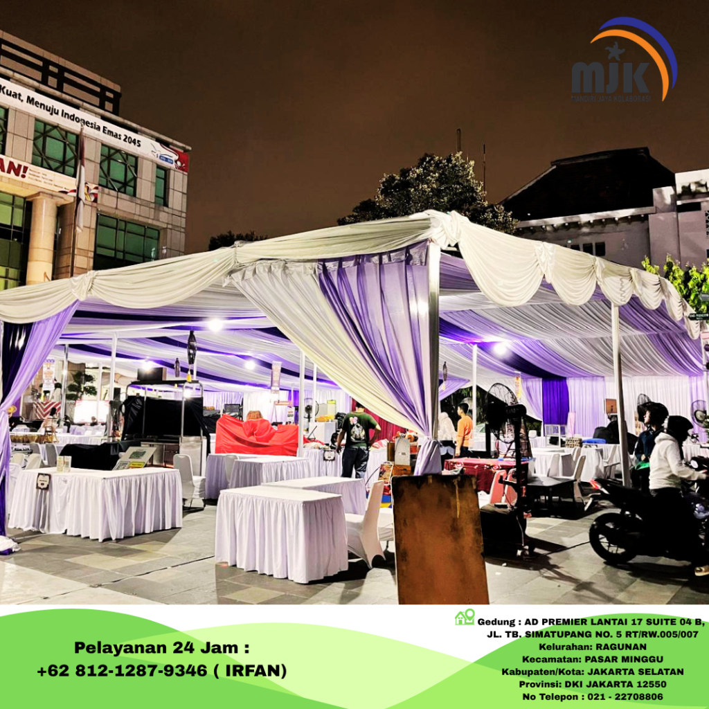 Rental Tenda dekorasi Kain Rempel Biru Putih Jakarta
