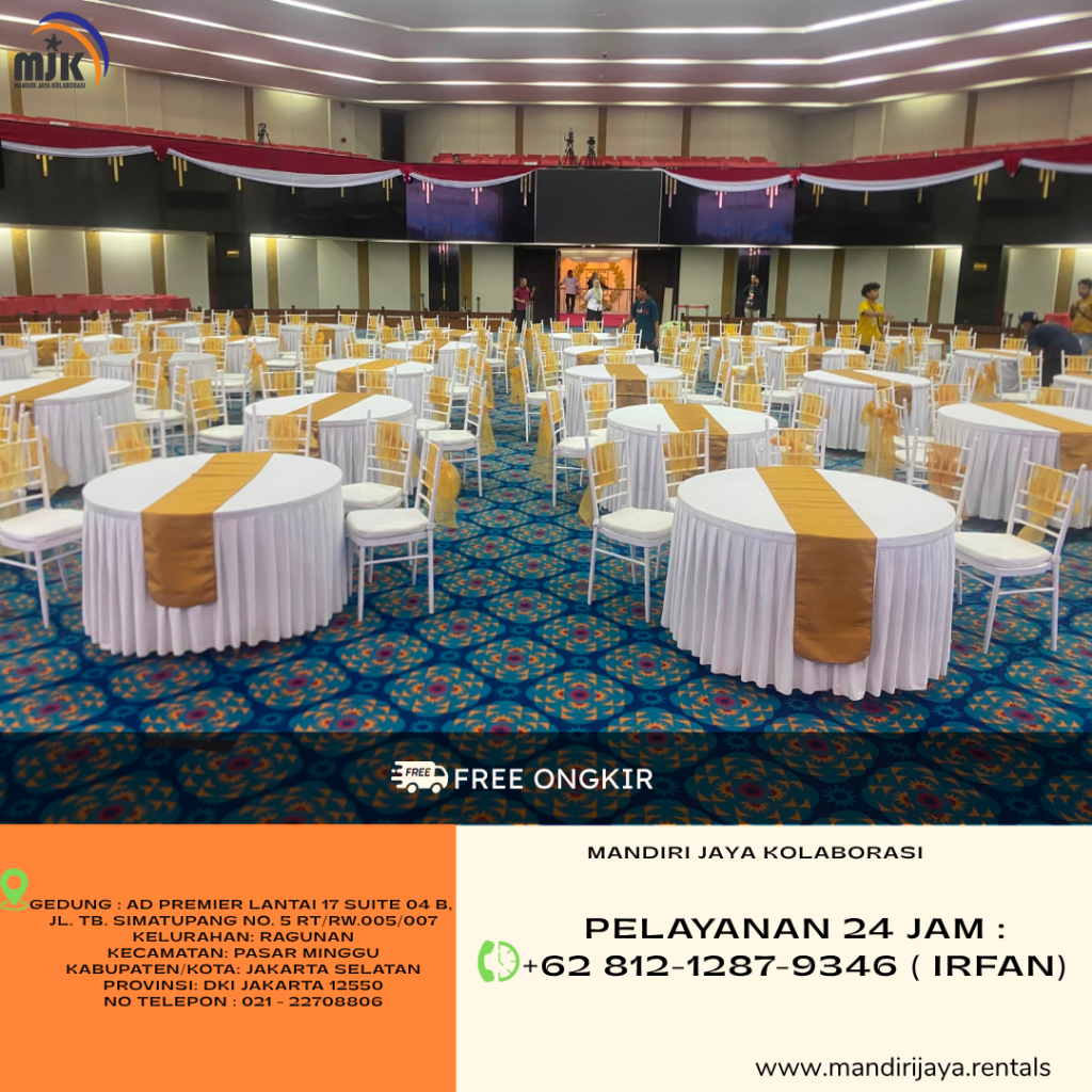 Sewa Round Table, Kursi Tiffany Putih Pita Gold Jakarta