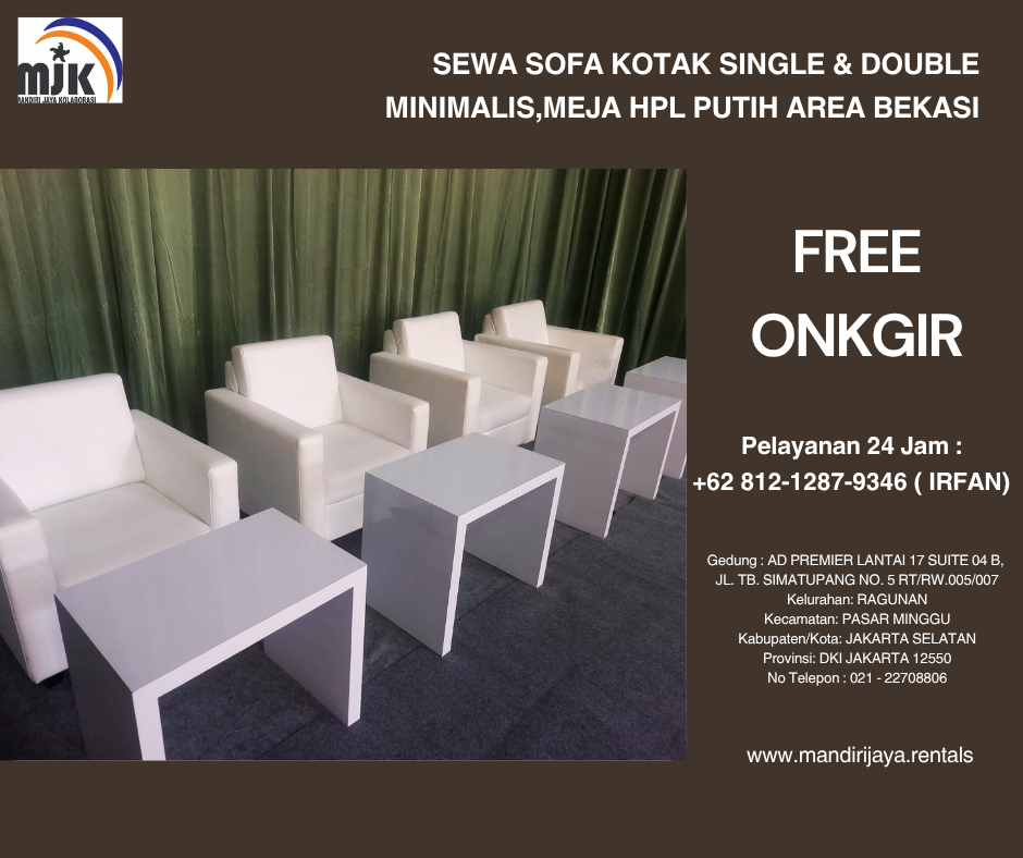 Sewa Sofa Kotak Single & Double Minimalis,Meja HpL Putih Area Bekasi