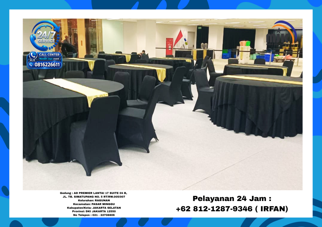 Sewa Meja Bulat D160 Cover Tebar Hitam,Kursi Susun,IBM Jakarta