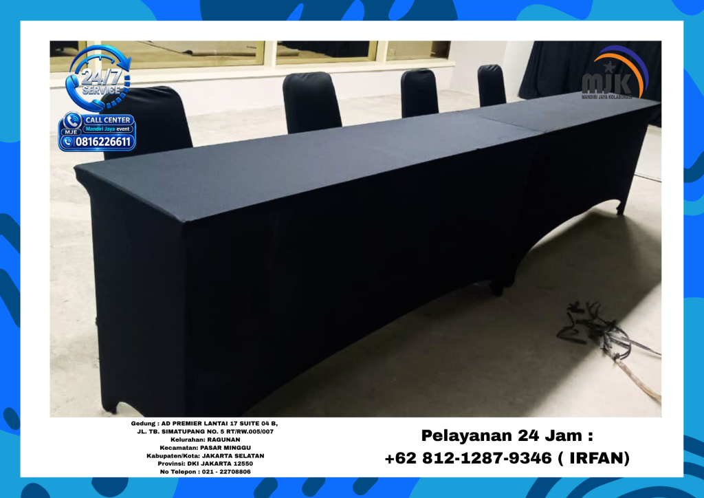 Sewa Meja Bulat D160 Cover Tebar Hitam,Kursi Susun,IBM Jakarta