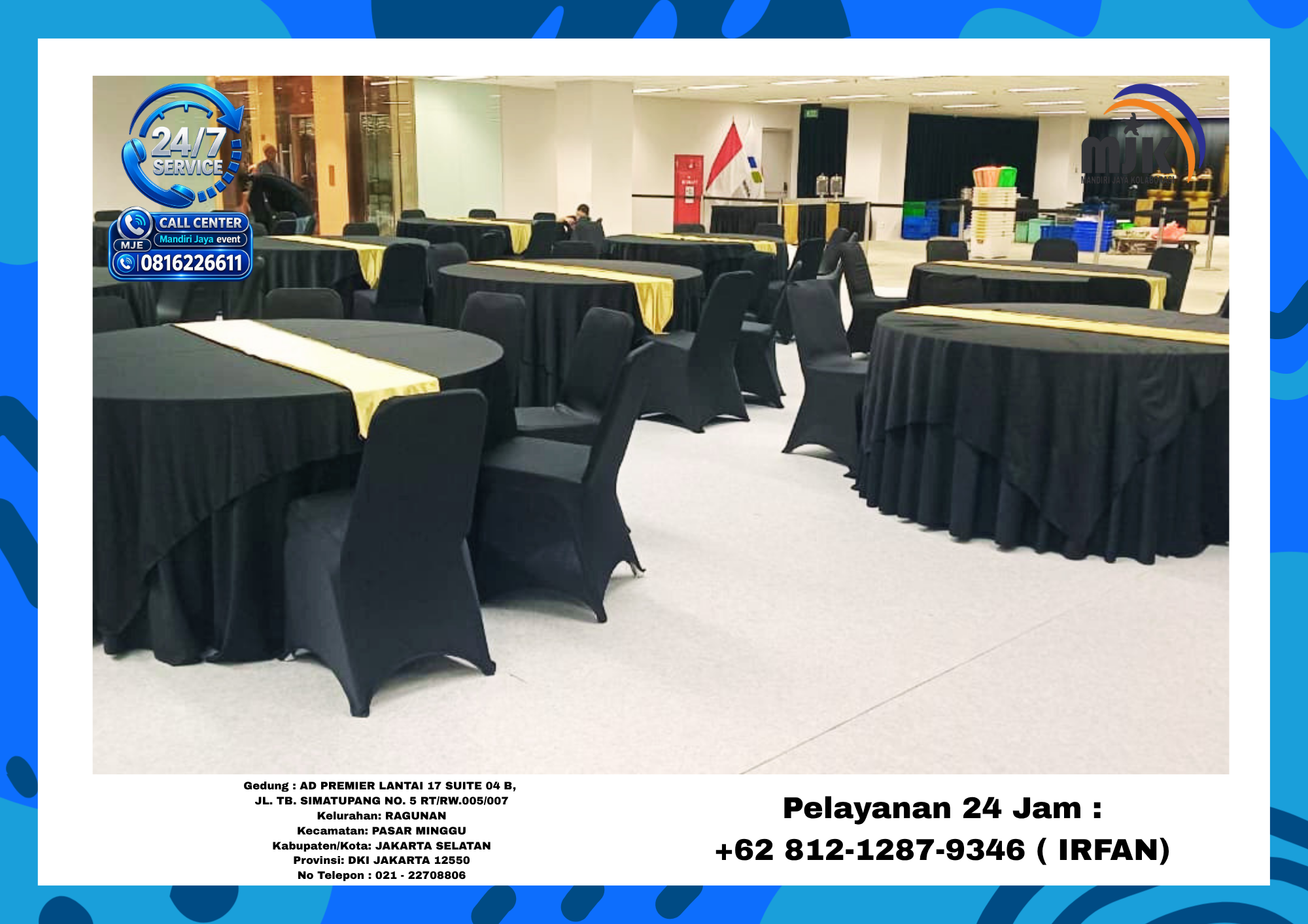 Sewa Meja Bulat D160 Cover Tebar Hitam,Kursi Susun,IBM Jakarta