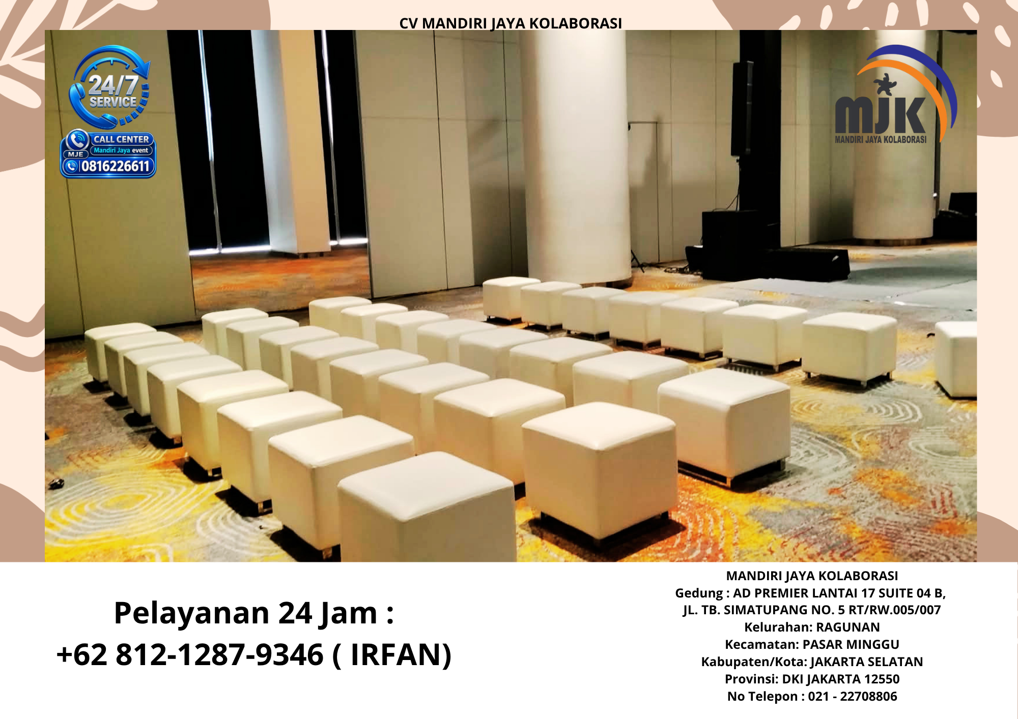 Sewa kursi Puff Putih Area Bekasi +62 812-1287-9346 IRFAN